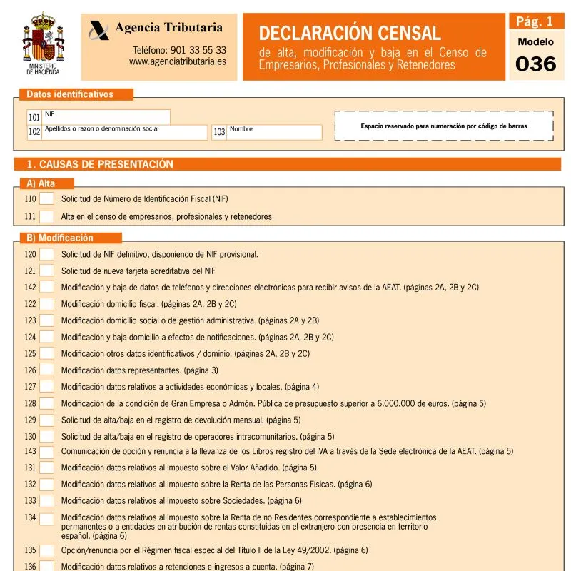 Captura de pantalla del Modelo 036 de Hacienda para el alta de autónomos en Madrid, declaración de inicio de actividad y obligaciones fiscales